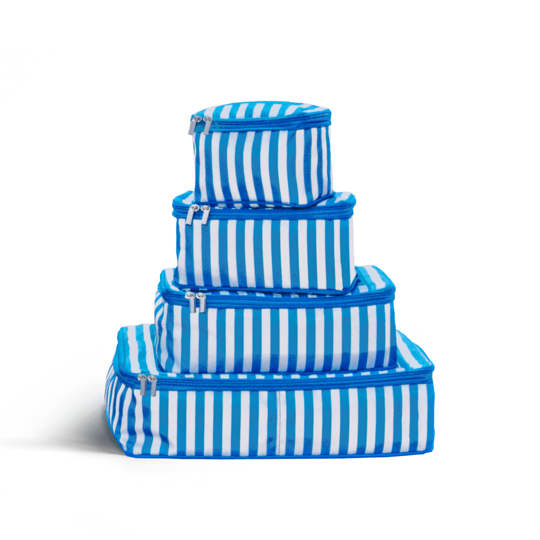 Set of Four / Poplin Stripe Coastal Blue Hidden | This is a photo of a set of four compressible packing cubes in Poplin Stripe Coastal Blue