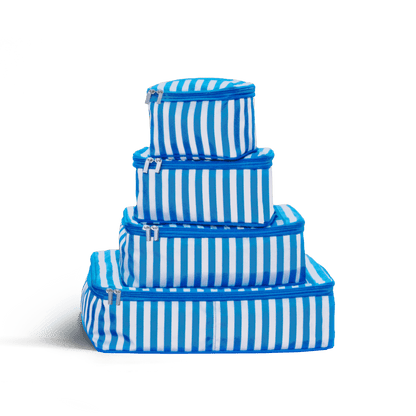 Set of Four / Poplin Stripe Coastal Blue Hidden | This is a photo of a set of four compressible packing cubes in Poplin Stripe Coastal Blue