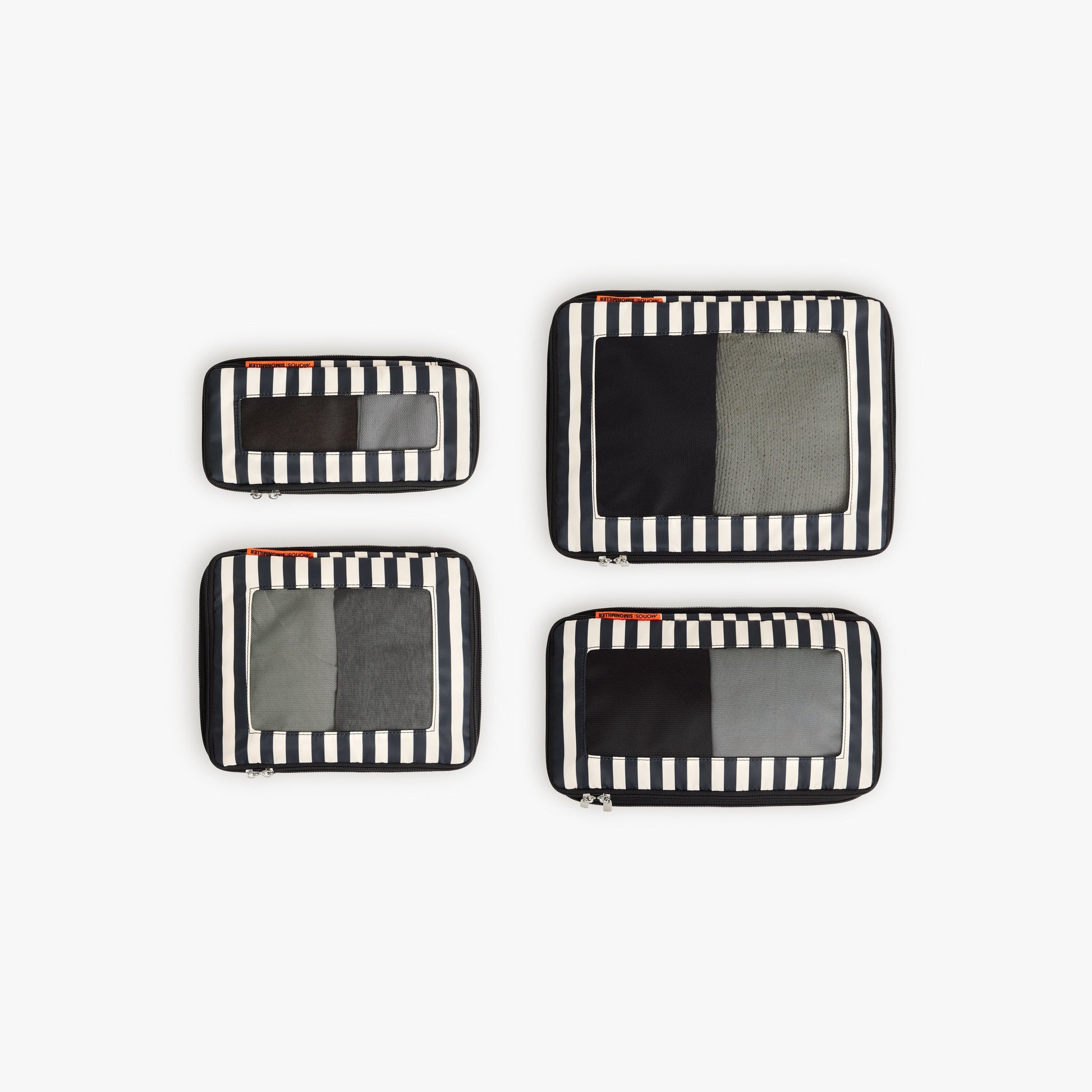 Set of Four / Poplin Stripe Black | Set of four Poplin Stripe Black compressible packing cubes arranged flat to show all sizes