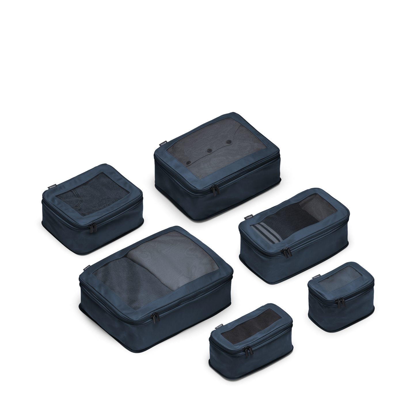 Set of Six / Arles Blue Scaled | This is a photo of a set of six compressible packing cubes in Arles Blue
