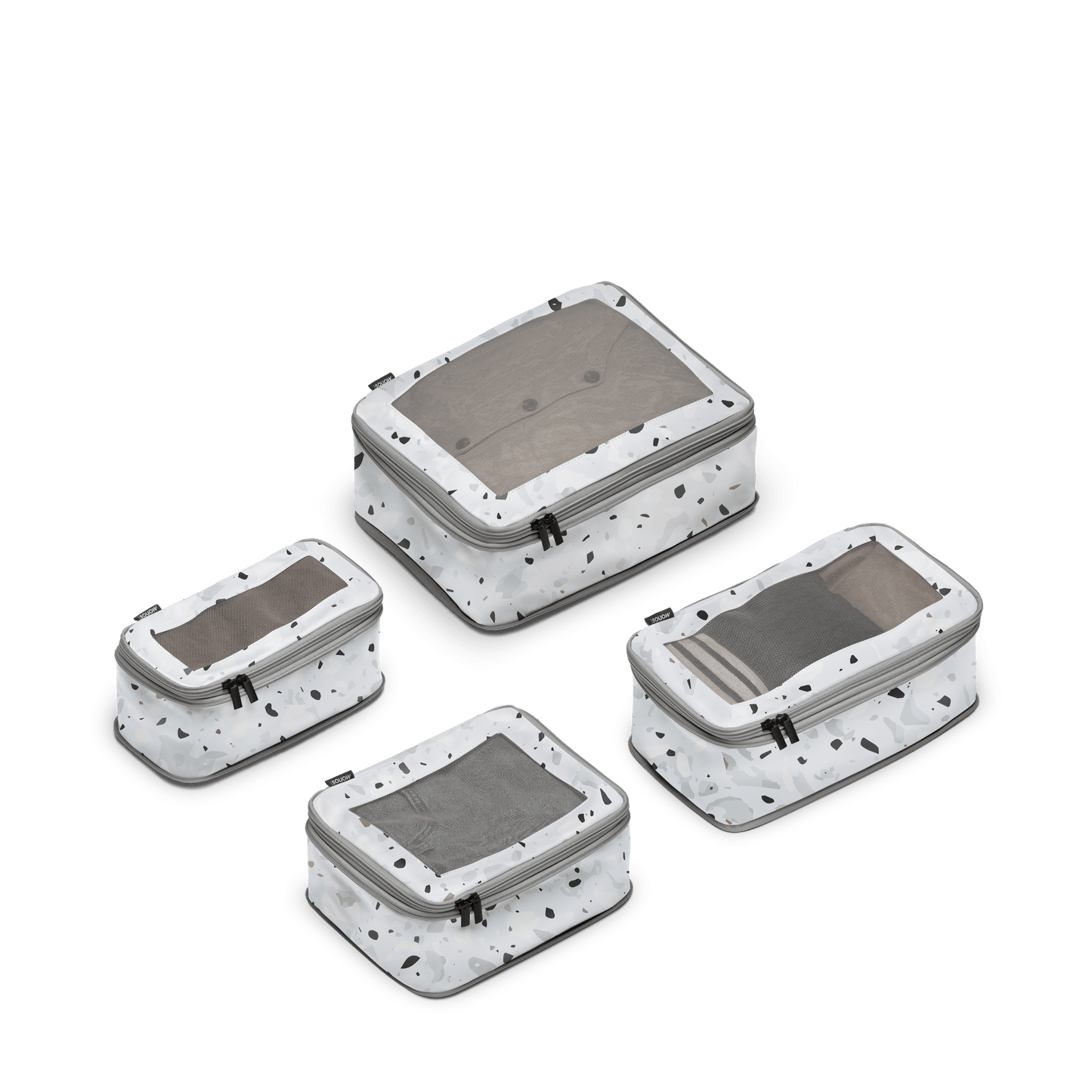 Set of Four / Terrazzo Light Grey Scaled | Set of four compressible packing cubes in Terrazzo Light Grey