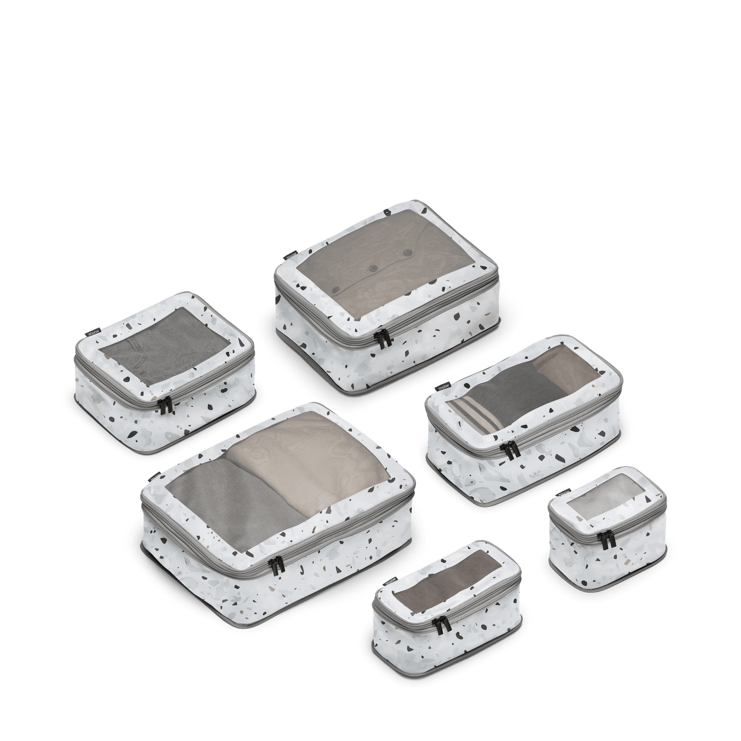 Set of Six / Terrazzo Light Grey Scaled | Set of four compressible packing cubes in Terrazzo Light Grey