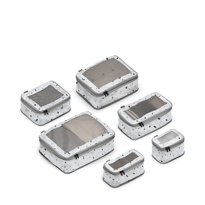 Set of Six / Terrazzo Light Grey Scaled | Set of four compressible packing cubes in Terrazzo Light Grey