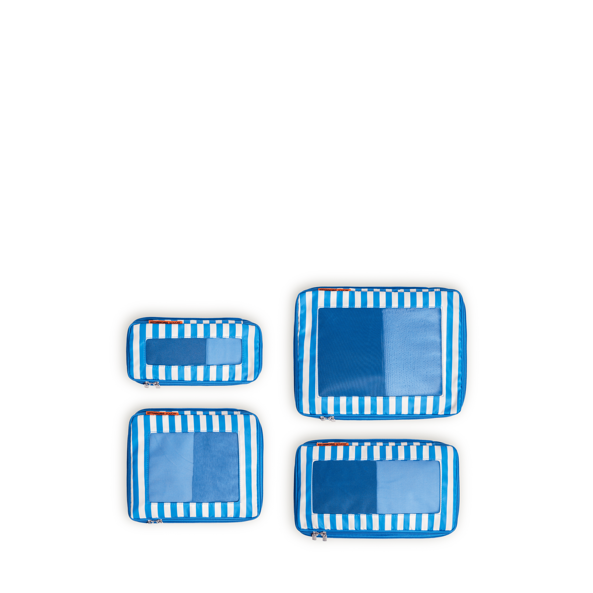 Set of Four / Poplin Stripe Coastal Blue Scaled | Set of four Poplin Stripe Coastal Blue compressible packing cubes arranged flat to show all sizes